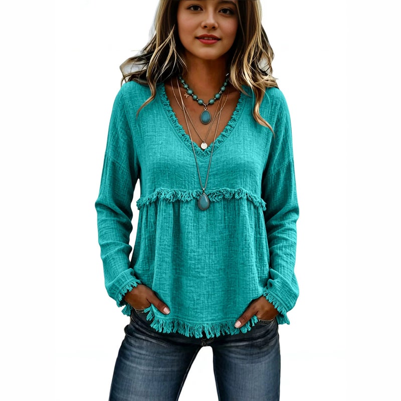 Women's Casual V-Neck Long-Sleeve Fringe Solid Shirt - Image 3