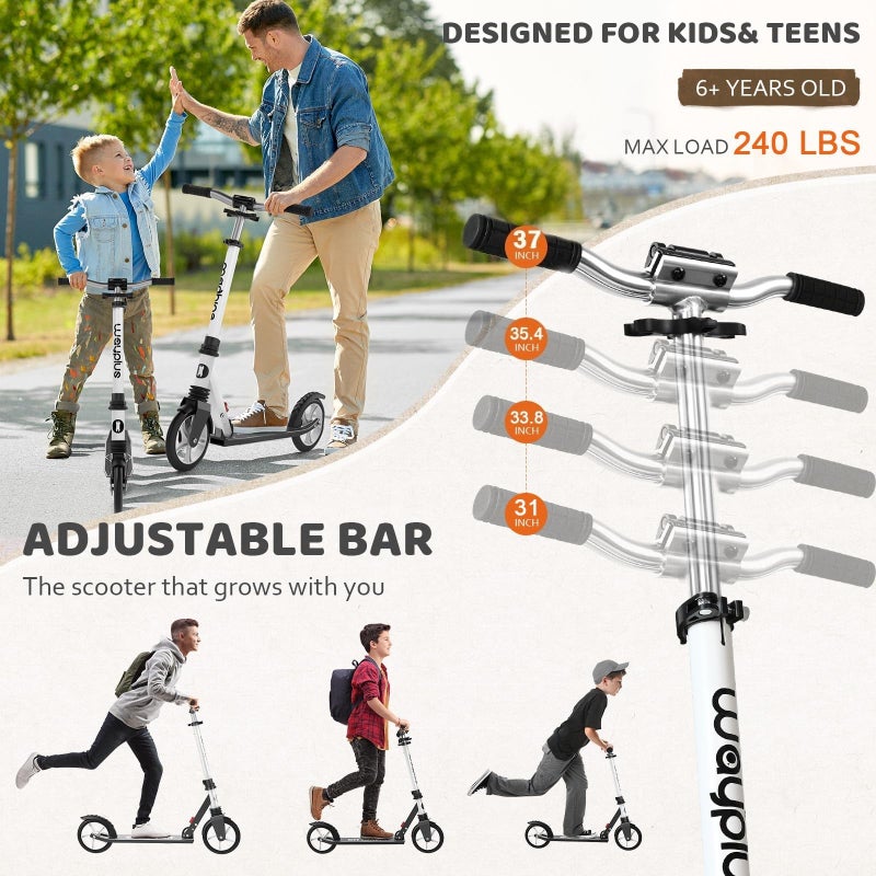 WAYPLUS Kick Scooter for Ages 6+,Kid, Teens & Adults. Max Load 240 LBS. Foldable, Lightweight, 8IN Big Wheels for Kids, Teen and Adults, 4 Adjustable Levels. Bearing ABEC9 - Image 2
