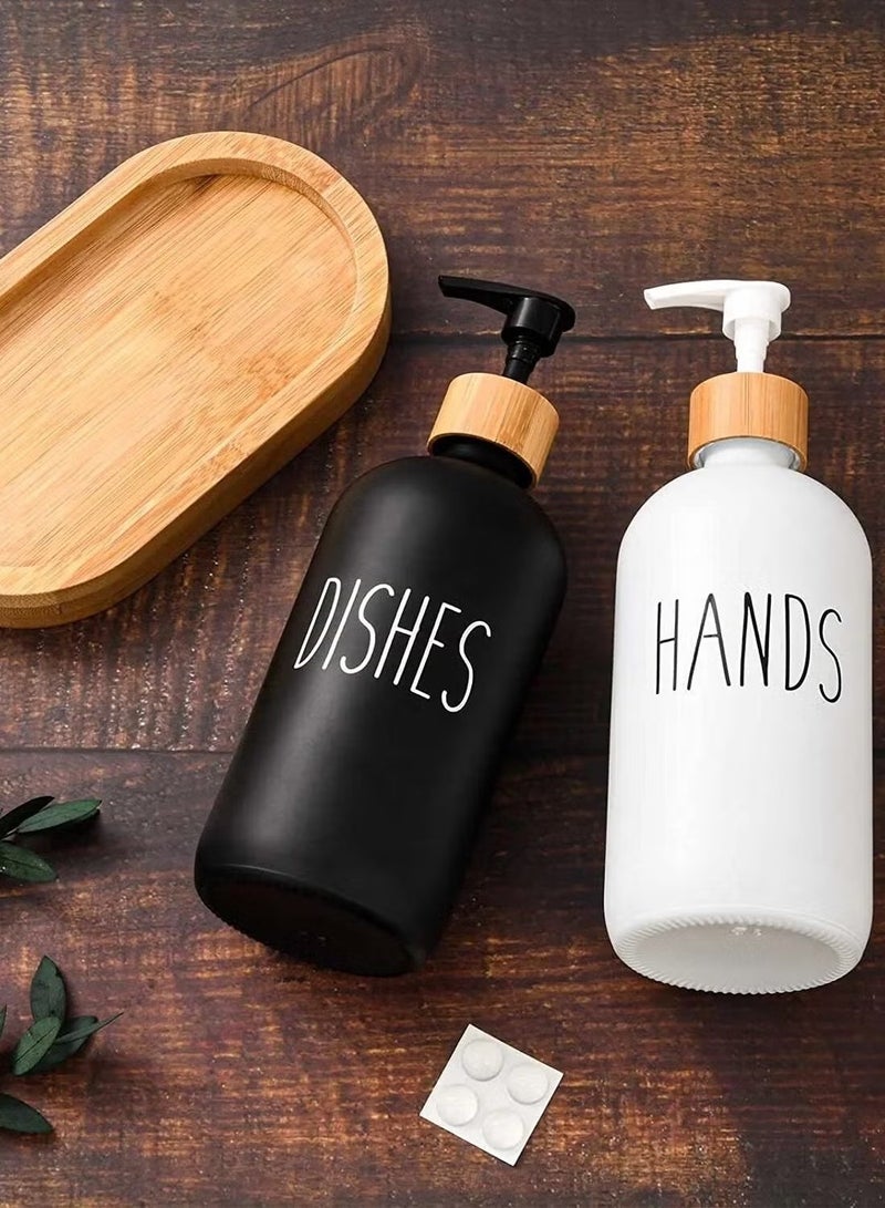 Soap dispenser set with wooden tray, 2 pieces, black and white - Image 1