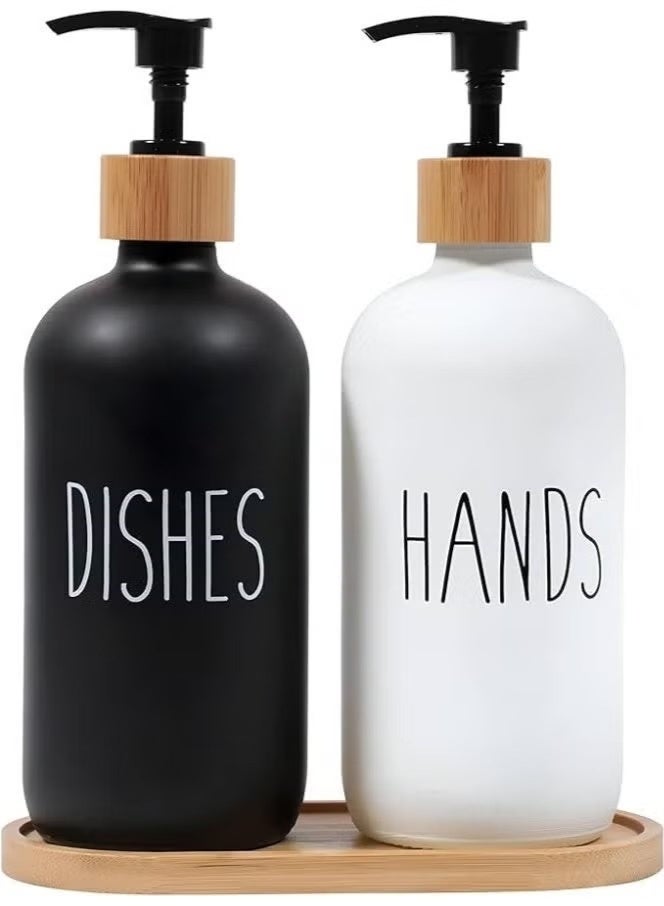 Soap dispenser set with wooden tray, 2 pieces, black and white - Image 4