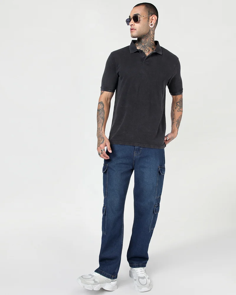 bewakoof  Men's Jet Black Acid Wash Polo T-shirt for Men | Best Price UAE