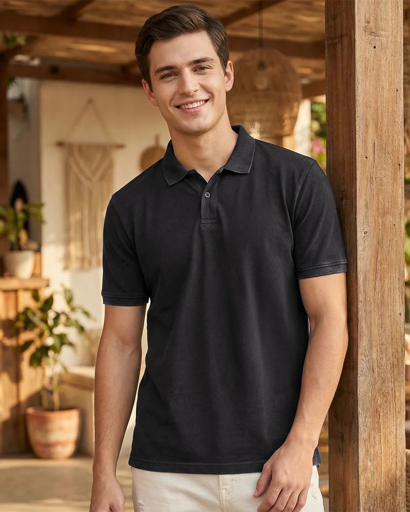 Men's Jet Black Acid Wash Polo T-shirt