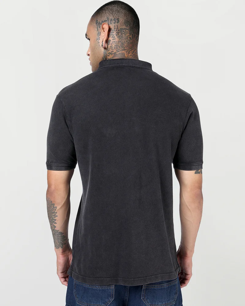 bewakoof  Men's Jet Black Acid Wash Polo T-shirt for Men | Best Price UAE