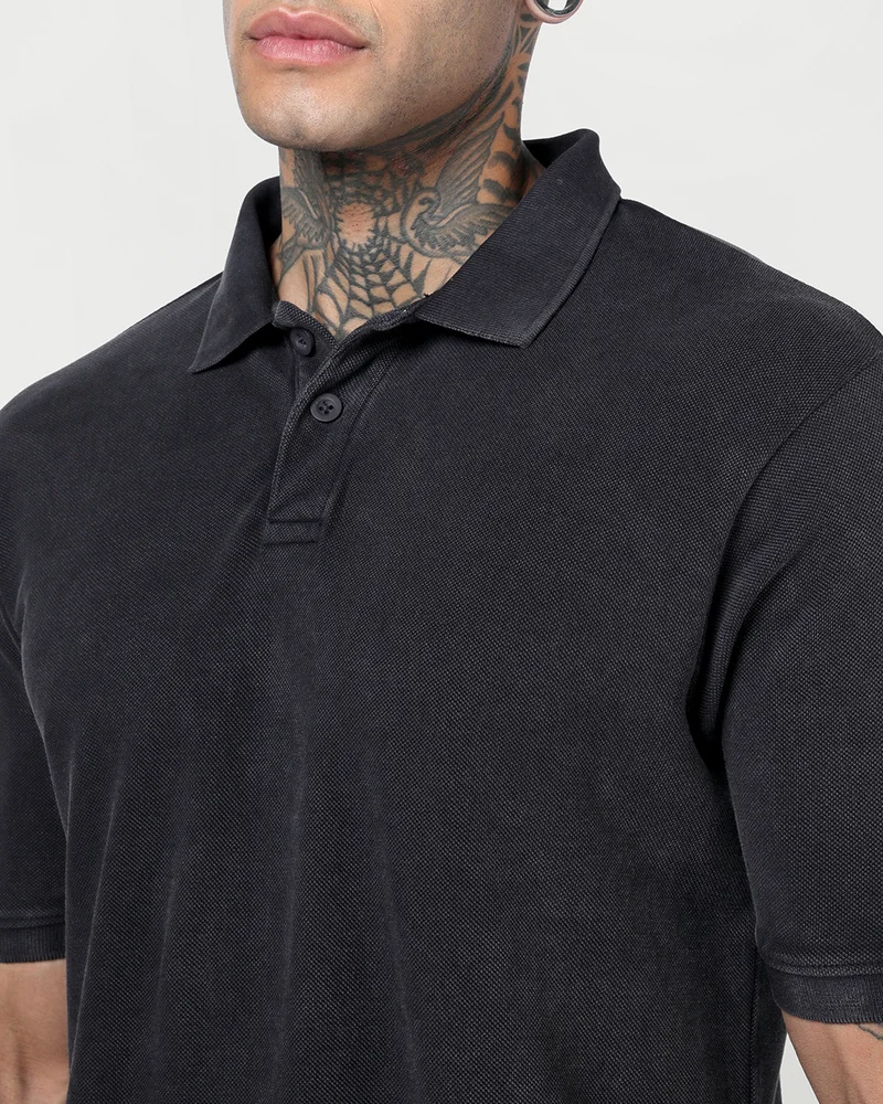 bewakoof  Men's Jet Black Acid Wash Polo T-shirt for Men | Best Price UAE
