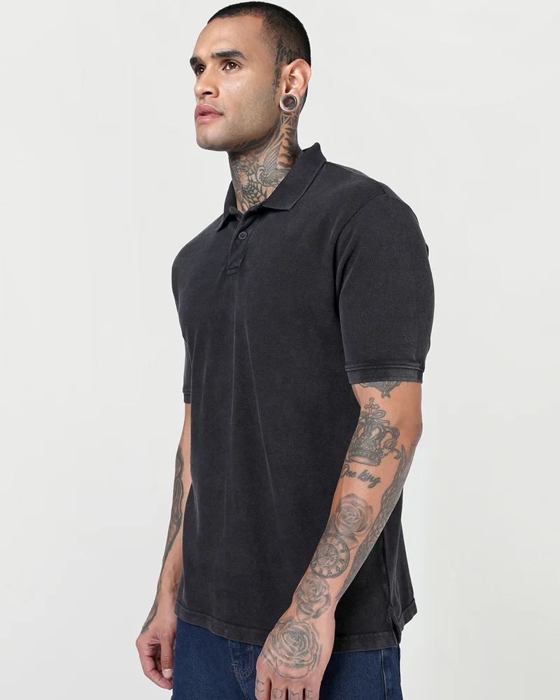 bewakoof  Men's Jet Black Acid Wash Polo T-shirt for Men | Best Price UAE