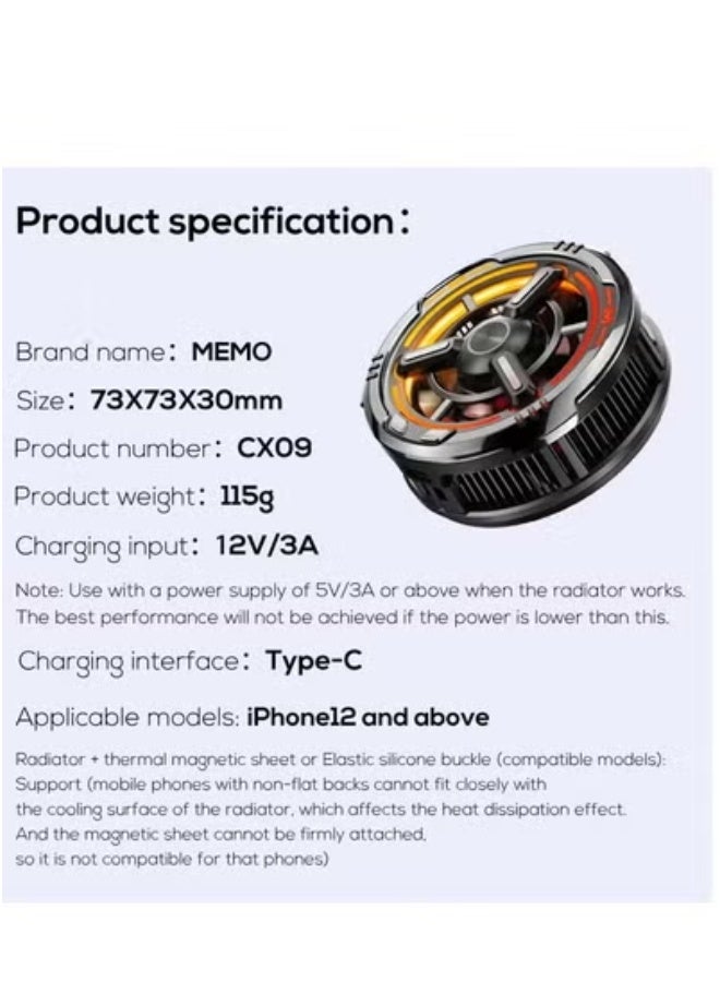 Memo CX09 Magnetic Mobile Phone Cooling Fan Radiator Cooler – Efficient Heat Dissipation for Smartphones – Compact, Portable Design with Strong Magnetic Mount – Ideal for Gaming, Streaming & Extended Use – Universal Compatibility with All Smartphone Models - Image 2