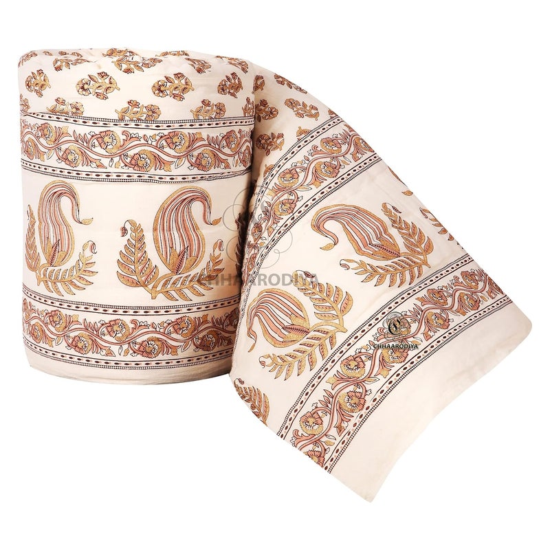 LILFLY Jaipuri Rajasthani Traditional Pure Cotton Single Bed Soft Jaipuri ACWinter QuiltRazai 55 X 85 inch Stitch Including Set of 1 Reversible Lightweight BOOTI1OFF White - Image 1