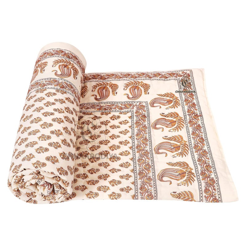 LILFLY Jaipuri Rajasthani Traditional Pure Cotton Single Bed Soft Jaipuri ACWinter QuiltRazai 55 X 85 inch Stitch Including Set of 1 Reversible Lightweight BOOTI1OFF White - Image 2