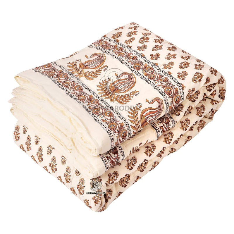 LILFLY Jaipuri Rajasthani Traditional Pure Cotton Single Bed Soft Jaipuri ACWinter QuiltRazai 55 X 85 inch Stitch Including Set of 1 Reversible Lightweight BOOTI1OFF White - Image 3