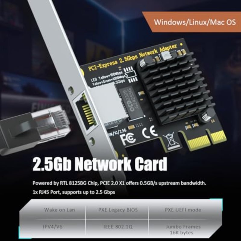بطاقة شبكة PCIe LE8105 2.5 جيجا بايت للكمبيوتر المكتبي، منفذ RJ45 LAN بسرعة 2500/1000/100 ميجا بت في الثانية جيجابت إيثرنت، واجهة PCIE X1، دعامة عادية منخفضة المستوى للكمبيوتر المكتبي/الخادم، منفذ RJ45، سرعة 2500/1000/100 ميجا بت في الثانية - Image 3