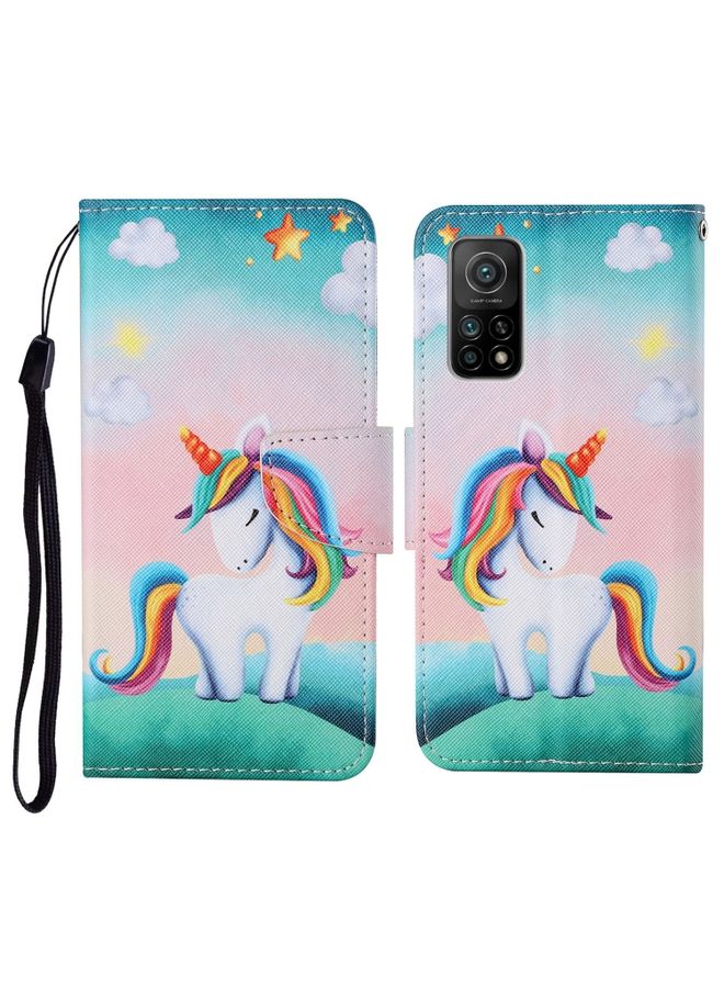 HuHa Case Cover For Xiaomi Mi 10T Colored Drawing Pattern Horizontal Flip Leather Case with Holder & Card Slots & Wallet & Lanyard Rainbow Unicorn 
