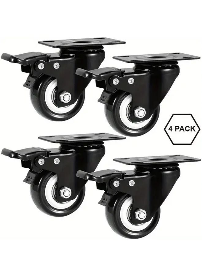 4 Pack Black Heavy Duty Swivel Plate Casters With Brake Polyurethane Wheels - Image 2