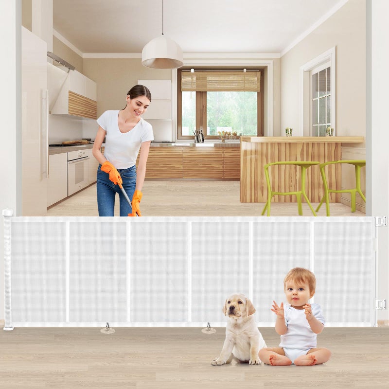 EZIGO Upgrade 120 inch Retractable Baby Gates, EZIGO Extra Wide Baby Gate for Large Opening Extra Long Mesh Gate for Kids or Pet Dog Gate Child Safety Gate for Stairs Hallways Doorway Indoor Outdoor, White - Image 1