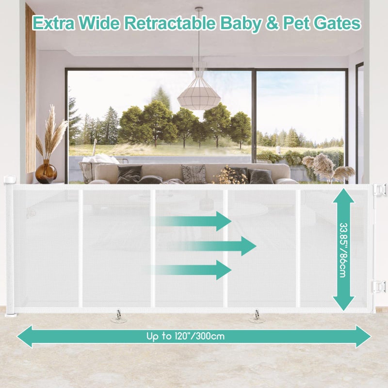 EZIGO Upgrade 120 inch Retractable Baby Gates, EZIGO Extra Wide Baby Gate for Large Opening Extra Long Mesh Gate for Kids or Pet Dog Gate Child Safety Gate for Stairs Hallways Doorway Indoor Outdoor, White - Image 2
