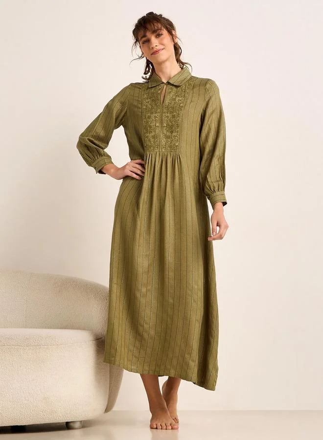 سبلاش فيڤ Midi Night Dress Long Sleeves Lurex Stripe Linen Blend