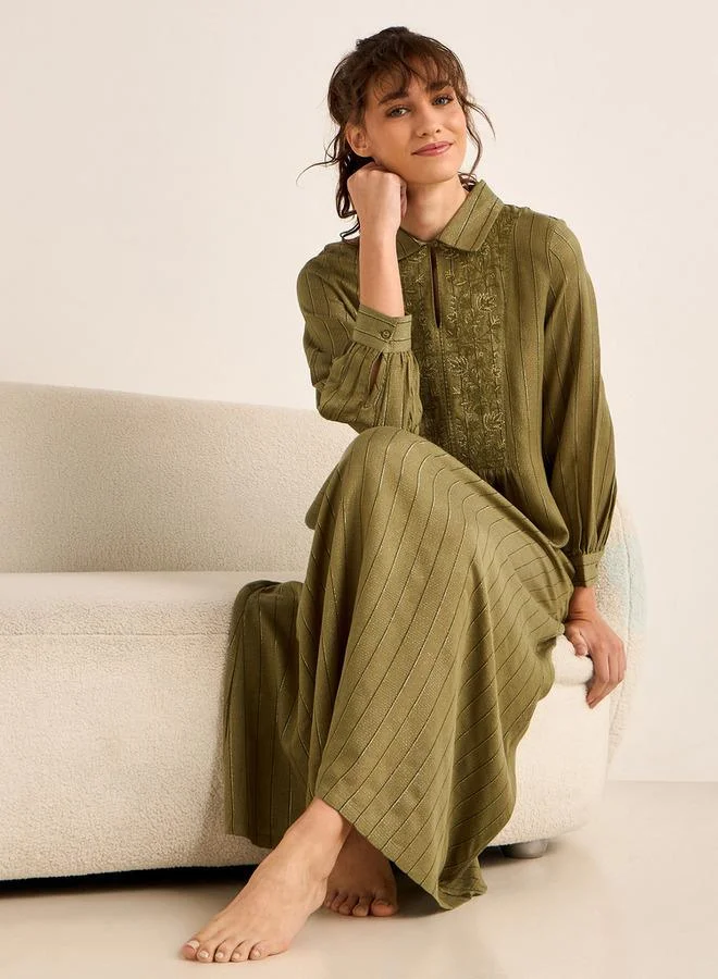 سبلاش فيڤ Midi Night Dress Long Sleeves Lurex Stripe Linen Blend