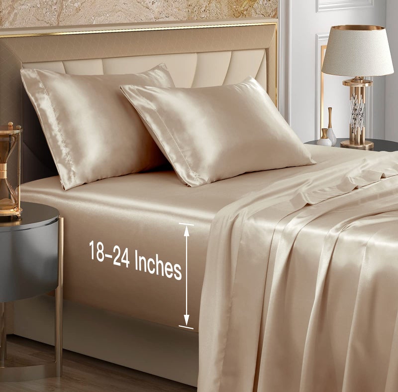VACVELT 4pcs Extra Deep Pocket Queen Size Bed Set Beige Satin Sheet Set Fit 1824 Inch Deep Pocket Mattress Silky Luxury Satin Bedding Set Soft Ultra Deep Fitted Sheet Set