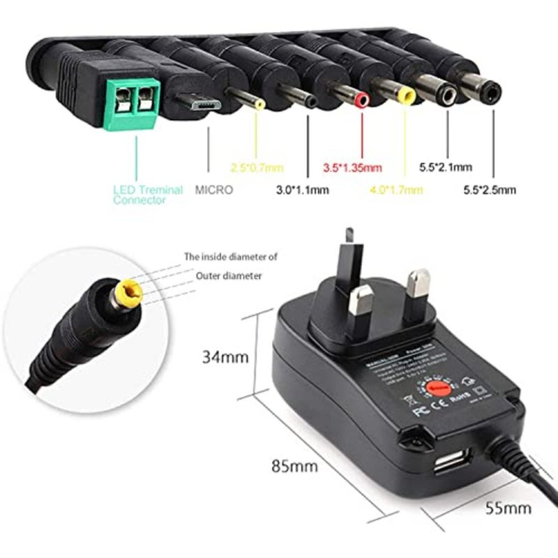 30W Universal AC/DC Adapter Switching Power Supply with 8 Selectable Adapter Plugs for 3V 4.5V 5V 6V 7.5V 9V 12V Household Electronics and LED Strip - Image 4