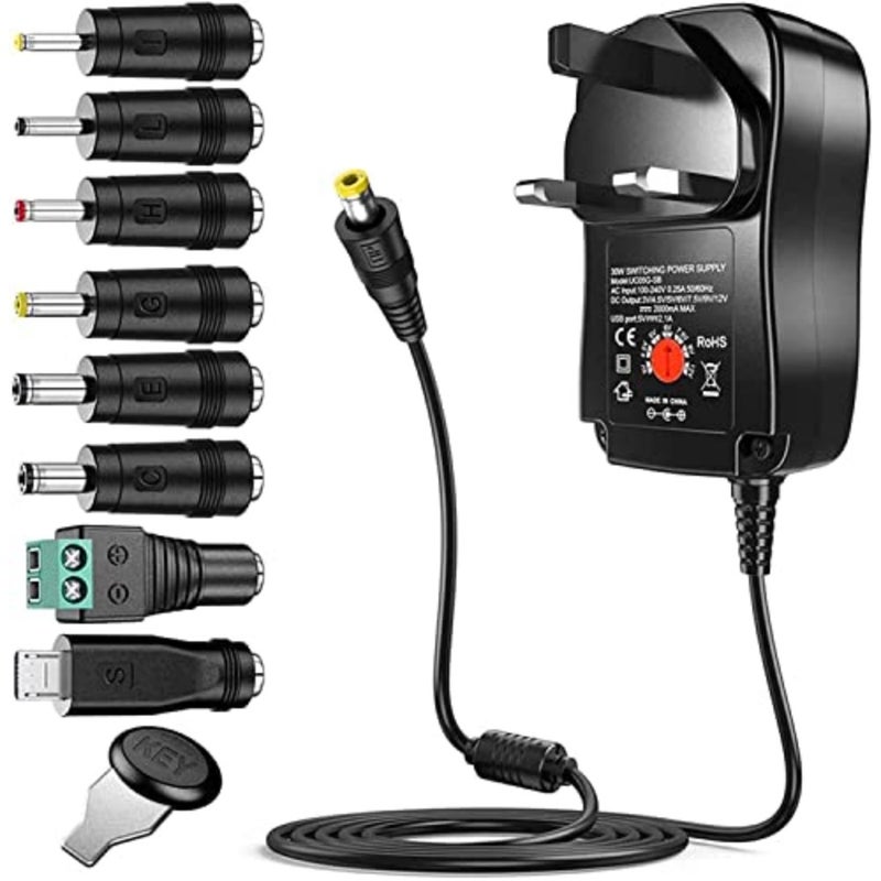 30W Universal AC/DC Adapter Switching Power Supply with 8 Selectable Adapter Plugs for 3V 4.5V 5V 6V 7.5V 9V 12V Household Electronics and LED Strip - Image 1