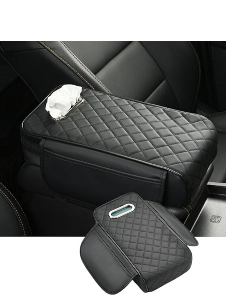 Generic Arm Rest Cover for Car, Microfiber Leather Car Center Console Cover with 2 Storage Bags and a Tissue Box, Universal Car Console Covers Accessories Black  - Image 1