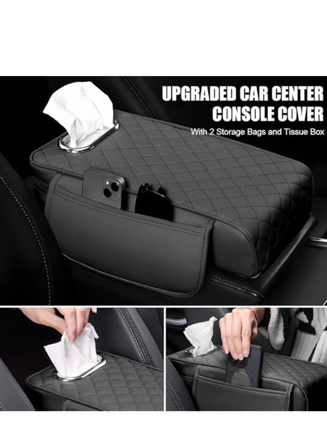 Generic Arm Rest Cover for Car, Microfiber Leather Car Center Console Cover with 2 Storage Bags and a Tissue Box, Universal Car Console Covers Accessories Black  - Image 4