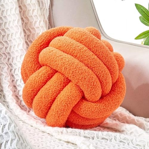 Uvvyui Knot Pillow Ball Soft Home Decorative Pillows Round Throw Pillow Handmade Knotted Plush Pillow Round Boucle Pillow Cushion 11 Inches Orange - Image 1
