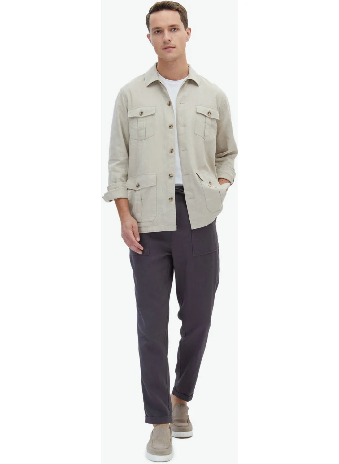 Kip Beige Plain Regular Fit Woven Overshirt