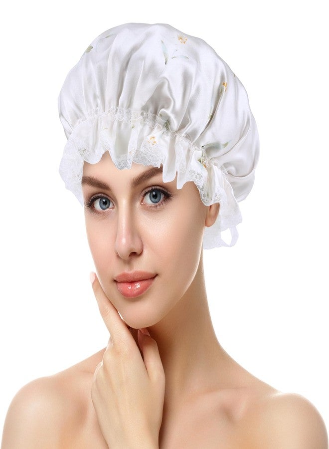 ZLYC Mulberry Silk Sleeping Bonnet for Women Hair Night Sleep Cap with Elastic Band, Floral White - Image 1