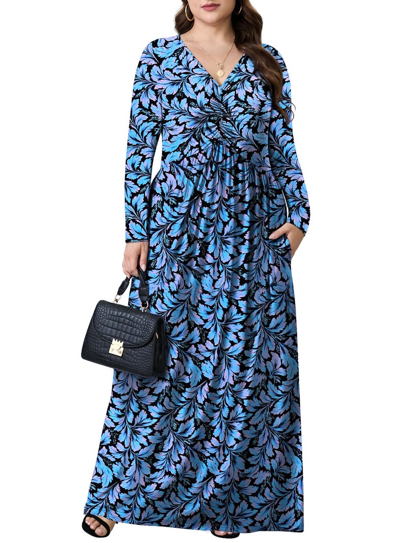 PEVRL Plus Size Maxi Dresses for Curvy Women V Neck Casual Long Dress with Pockets Blue Leaf Flower 3X - Image 2
