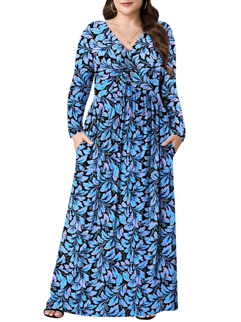 PEVRL Plus Size Maxi Dresses for Curvy Women V Neck Casual Long Dress with Pockets Blue Leaf Flower 3X - Image 1