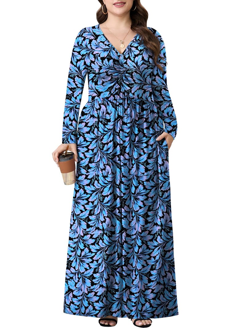 PEVRL Plus Size Maxi Dresses for Curvy Women V Neck Casual Long Dress with Pockets Blue Leaf Flower 3X - Image 3