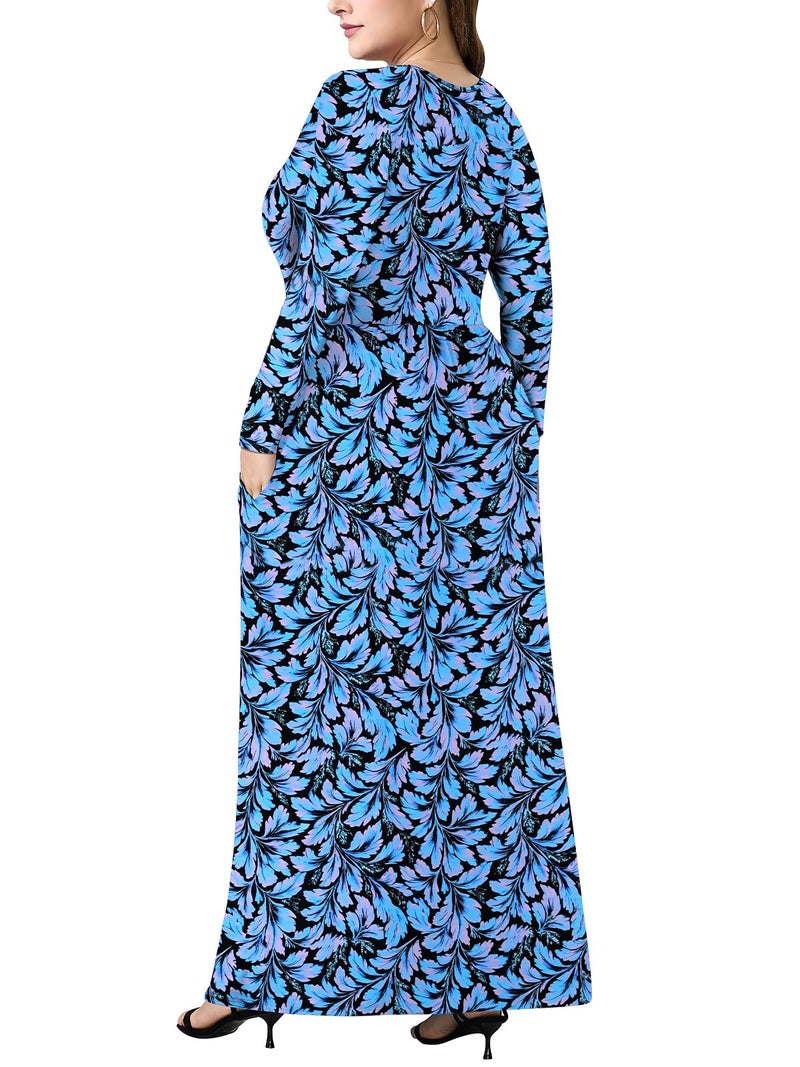 PEVRL Plus Size Maxi Dresses for Curvy Women V Neck Casual Long Dress with Pockets Blue Leaf Flower 3X - Image 5