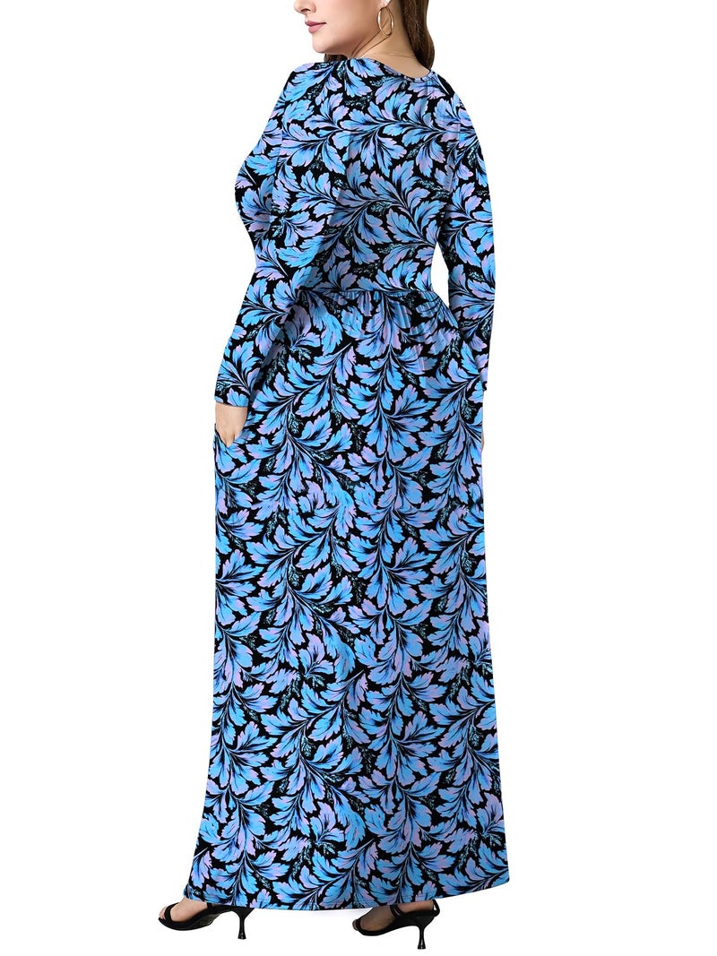 PEVRL Plus Size Maxi Dresses for Curvy Women V Neck Casual Long Dress with Pockets Blue Leaf Flower 3X - Image 4
