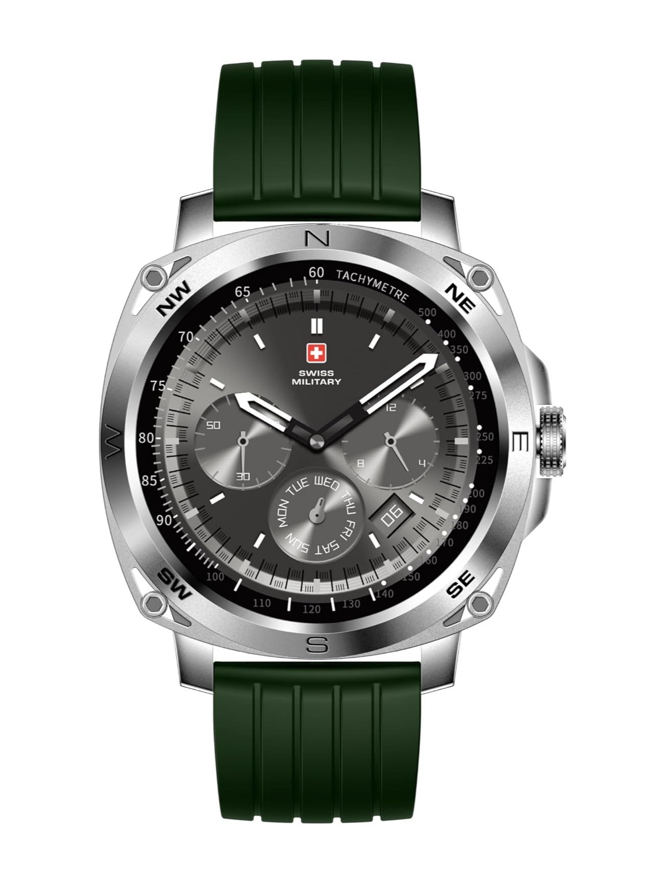 Swiss Military Dom 4 Smartwatch - 1.43" AMOLED, Call Features, Multi Language, Heart Rate/BP/Oxygen Level Monitoring, Wireless Charging, 5-7 Days Battery Life,IP67, Compatibility: iOS/Android- Green