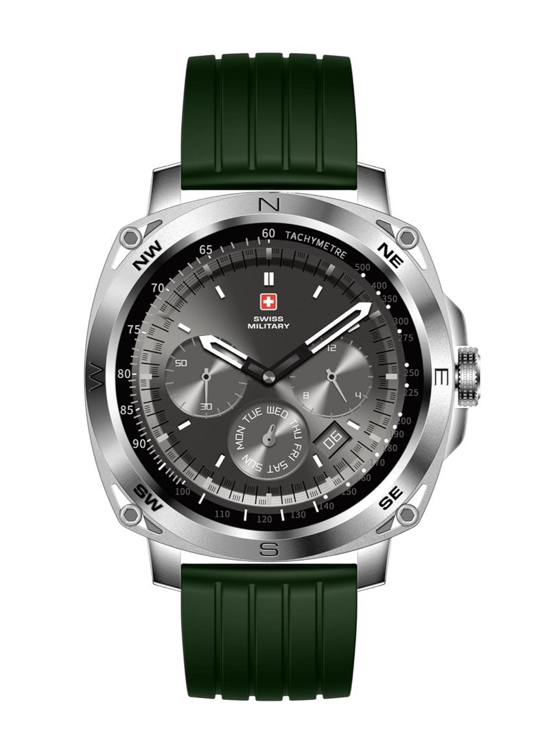 SWISS MILITARY - ساعة ذكية Swiss Military Dom 4 - 1.43 بوصة AMOLED، ميزات الاتصال، متعددة اللغات، مراقبة معدل ضربات القلب/BP/الأكسجين، شحن لاسلكي، عمر البطارية 5-7 أيام، IP67، التوافق: iOS/Android - أخضر - Image 1