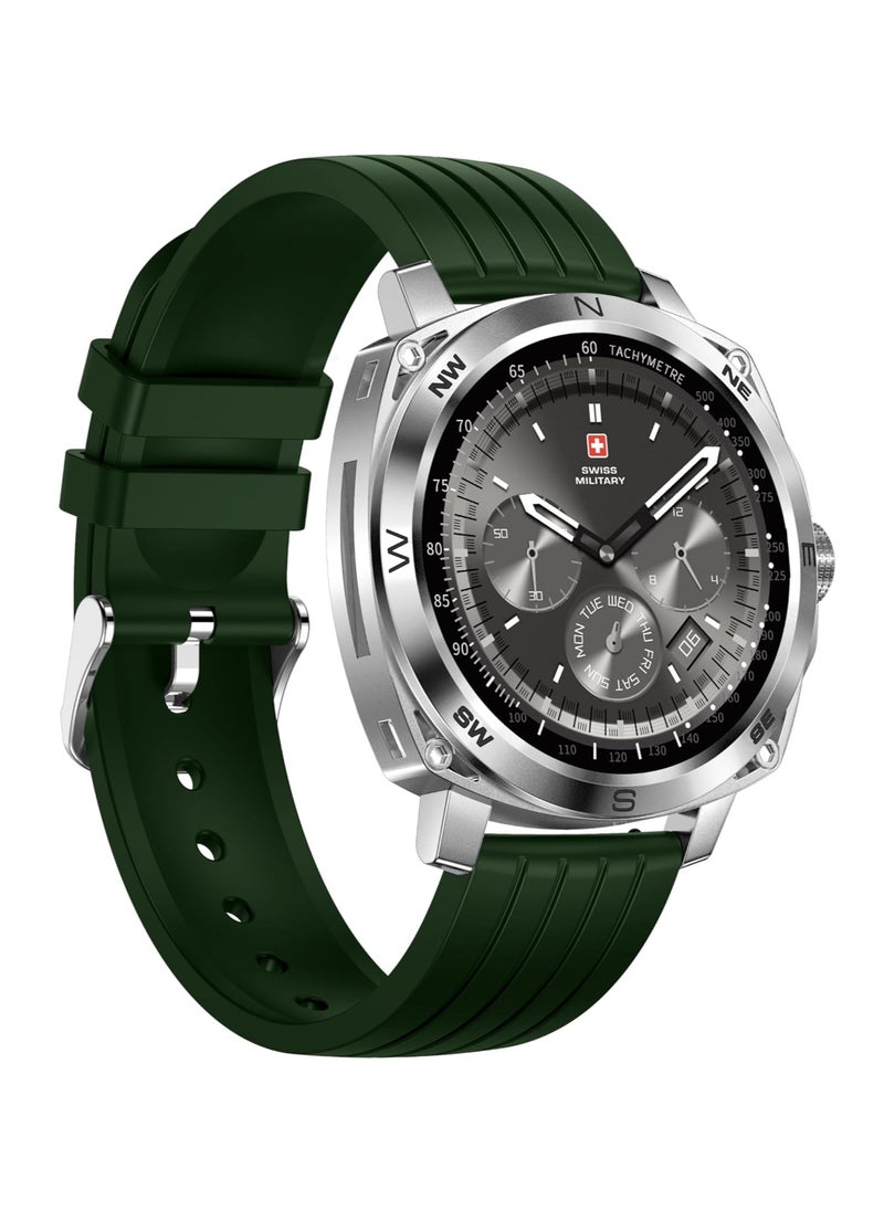 SWISS MILITARY - ساعة ذكية Swiss Military Dom 4 - 1.43 بوصة AMOLED، ميزات الاتصال، متعددة اللغات، مراقبة معدل ضربات القلب/BP/الأكسجين، شحن لاسلكي، عمر البطارية 5-7 أيام، IP67، التوافق: iOS/Android - أخضر - Image 1