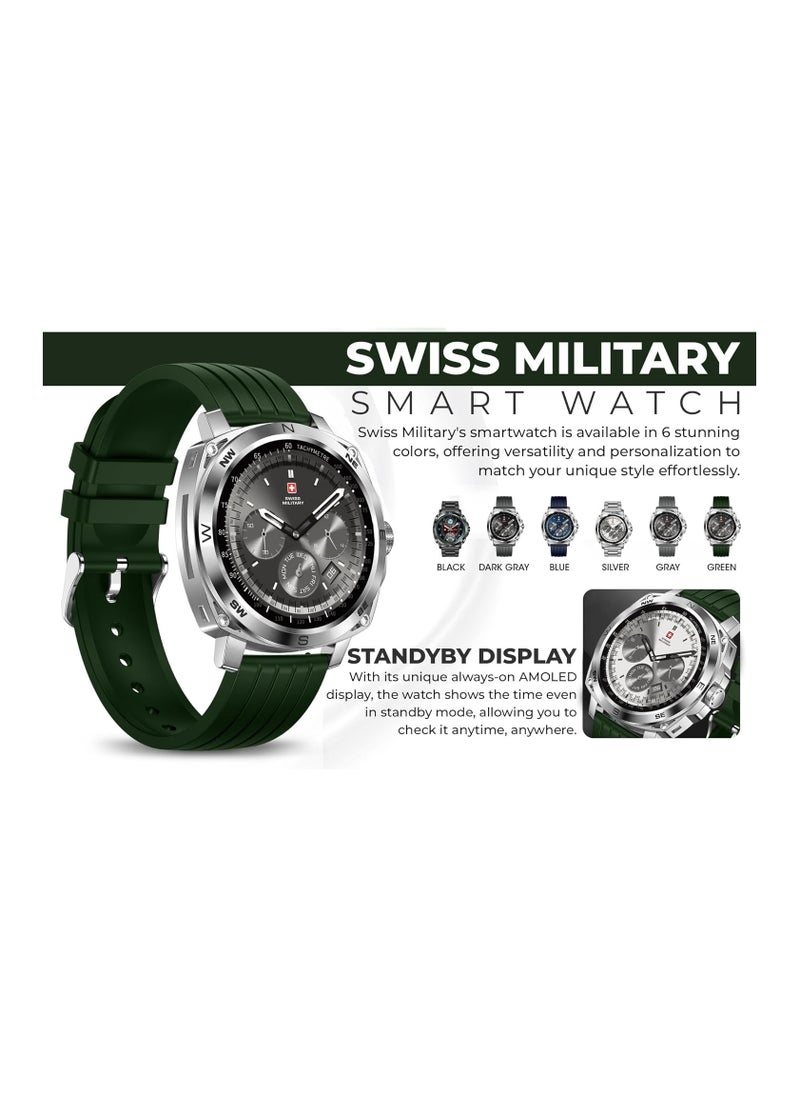 SWISS MILITARY - ساعة ذكية Swiss Military Dom 4 - 1.43 بوصة AMOLED، ميزات الاتصال، متعددة اللغات، مراقبة معدل ضربات القلب/BP/الأكسجين، شحن لاسلكي، عمر البطارية 5-7 أيام، IP67، التوافق: iOS/Android - أخضر - Image 1