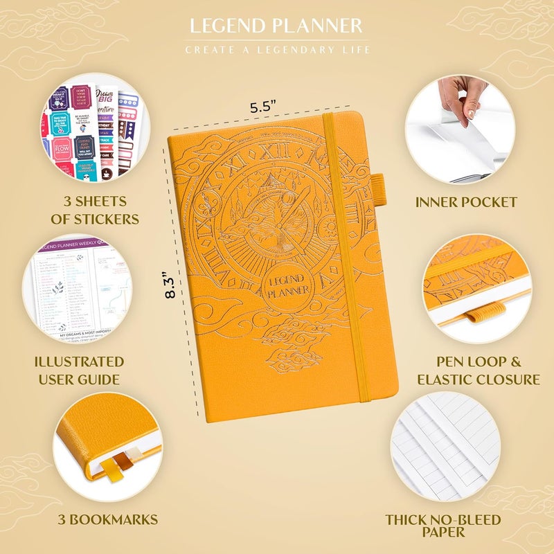 Legend Planner مخطط الأسطورة – مخطط الحياة الفاخر الأسبوعي والشهري لتحقيق أهدافك والعيش بسعادة. دفتر منظم ومجلة إنتاجية. غلاف صلب بحجم A5، غير مؤرخ – ابدأ في أي وقت + ملصقات – أصفر ذهبي - Image 2