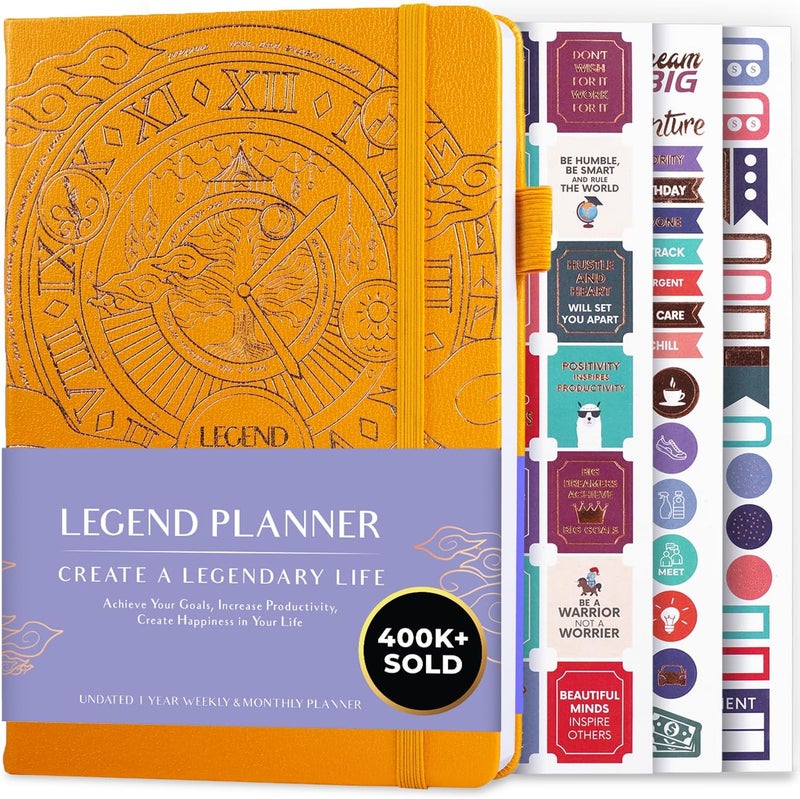 Legend Planner مخطط الأسطورة – مخطط الحياة الفاخر الأسبوعي والشهري لتحقيق أهدافك والعيش بسعادة. دفتر منظم ومجلة إنتاجية. غلاف صلب بحجم A5، غير مؤرخ – ابدأ في أي وقت + ملصقات – أصفر ذهبي - Image 1