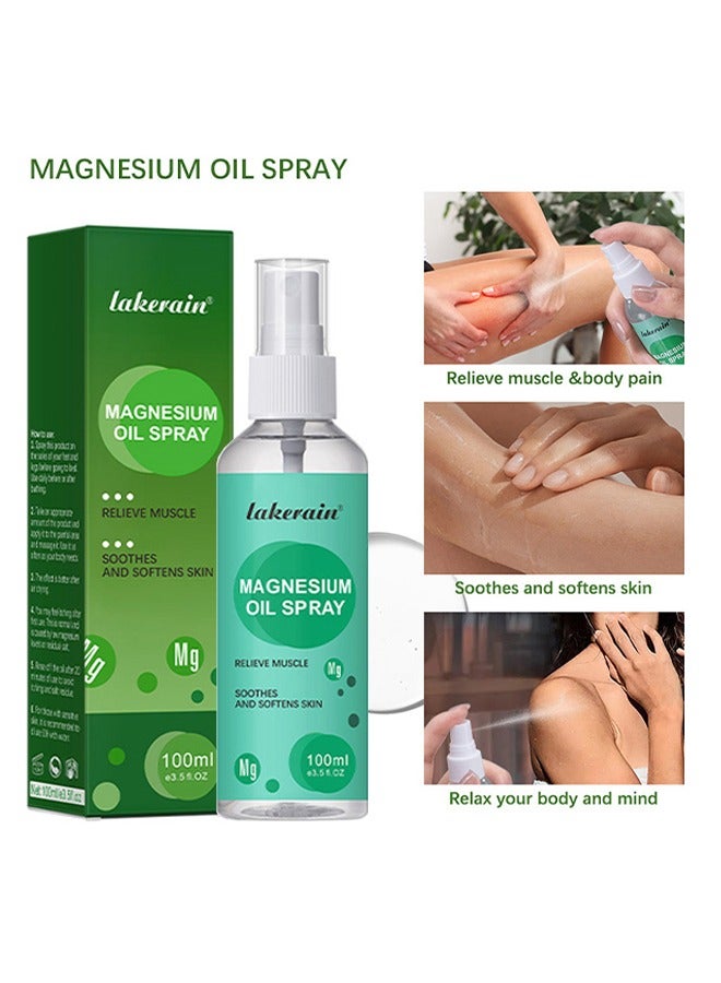 lakerain Magnesium Oil Spray，Mineral Essential Massage Oil Multi-Use Improve Sleep Reduce Stress Soothes Skin Relieve Pain 100ml - Image 1