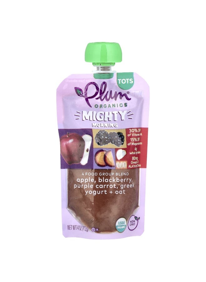 Plum Organics Plum Organics, Mighty Morning, 4 Food Group Blend, Tots, Apple, Blackberry, Purple Carrot, Greek Yogurt, Oat, 4 oz (113 g)  - Image 1