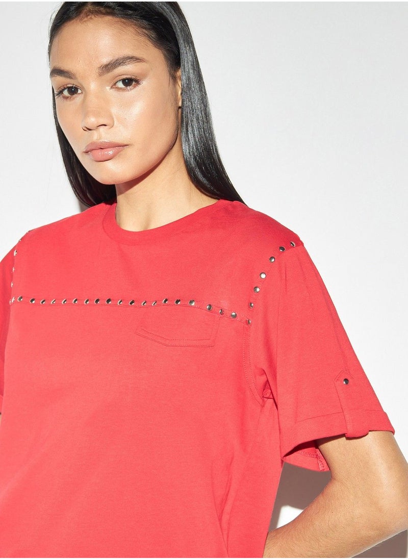 Iconic - Iconic Stud Embellished Crew Neck T-shirt with Short Sleeves - Image 1