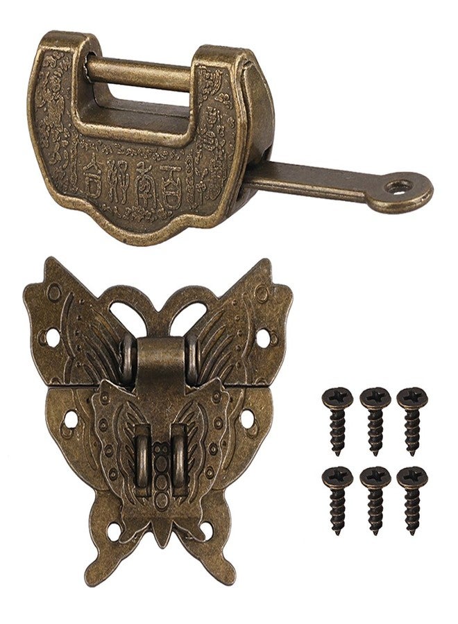 GTHER Antique Chinese Locks with Key & Latch Hasp Set, Vintage Jewelry Gift Box Decorative Padlock Lock Hardware Latch Set for Wood Box, Love Lock - Image 1