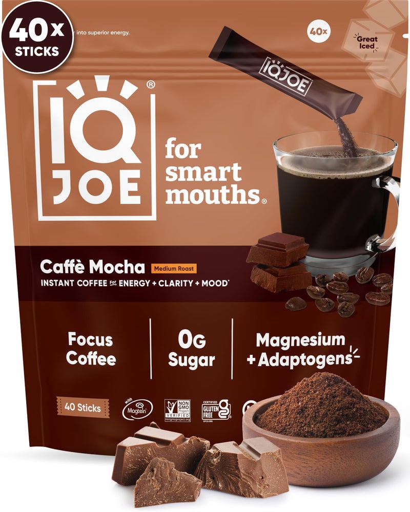 IQBAR IQJOE Mushroom Coffee Packets (40 Servings) Lionâ€™s Mane, Magtein Magnesium, Antioxidants, Adaptogens - Caffe Mocha - Instant Coffee for Focus, Clarity, Mood, Energy Boost - Sugar Free, Keto, Vegan - Image 1
