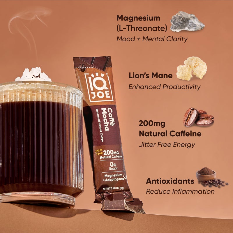 IQBAR IQJOE Mushroom Coffee Packets (40 Servings) Lionâ€™s Mane, Magtein Magnesium, Antioxidants, Adaptogens - Caffe Mocha - Instant Coffee for Focus, Clarity, Mood, Energy Boost - Sugar Free, Keto, Vegan - Image 5