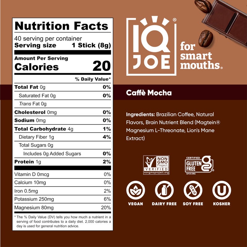 IQBAR IQJOE Mushroom Coffee Packets (40 Servings) Lionâ€™s Mane, Magtein Magnesium, Antioxidants, Adaptogens - Caffe Mocha - Instant Coffee for Focus, Clarity, Mood, Energy Boost - Sugar Free, Keto, Vegan - Image 3