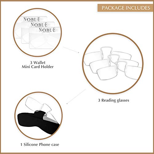 Noble Pack Noble Small Reading Glasses (3 Pack) - Rimless Readers with 3 Wallet Credit Card Holders and 1 Cell Phone Case - Pocket Magnifying Cheaters for Men and Women (+2.00) - Image 2