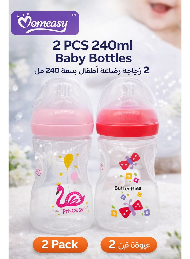 Momeasy 2 Pack 240ml Baby Feeding Bottles, Anti-Colic Valve, Breast-Like Soft Silicone Nipple, BPA-Free, Leakproof, Wide Neck, Easy Clean, Newborn/Infant Milk Bottle Set - Image 1