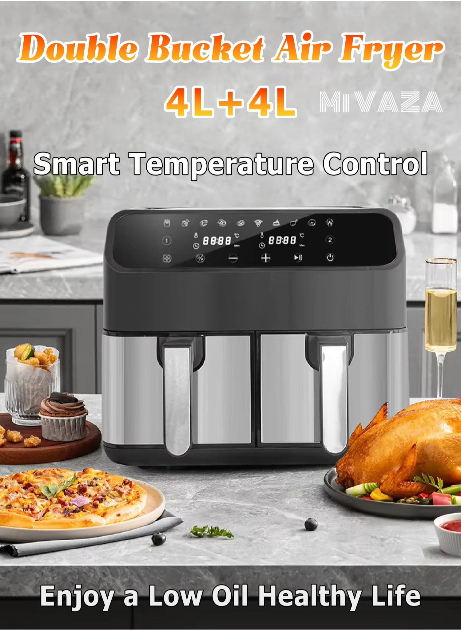 Double Bucket Air Fryer - 4L+4L Stainless Steel Air Fryer - Screen Touch Control Panel - Intelligent Temperature Control - Automatic Electric Fryer for Broil, Bake, Roast - Home Oven - 2000W 