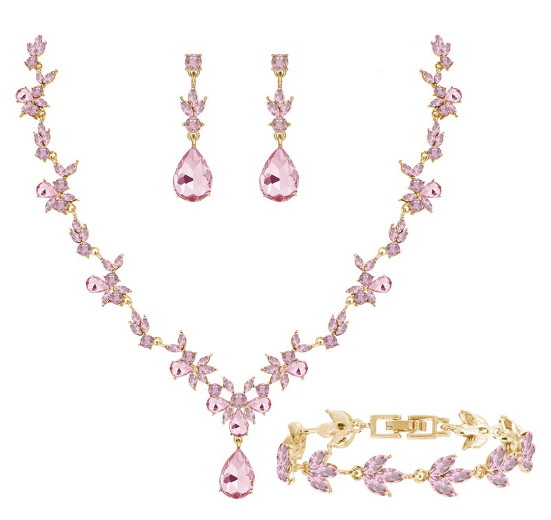 Paxuan Bridal Wedding Elegant Floral Pink Jewelry Set for Women/Brides/Bridesmaids Crystal Jewelry Set for Wedding Prom Party Bridal Crystal Necklace Earrings Bracelet Set - Image 1